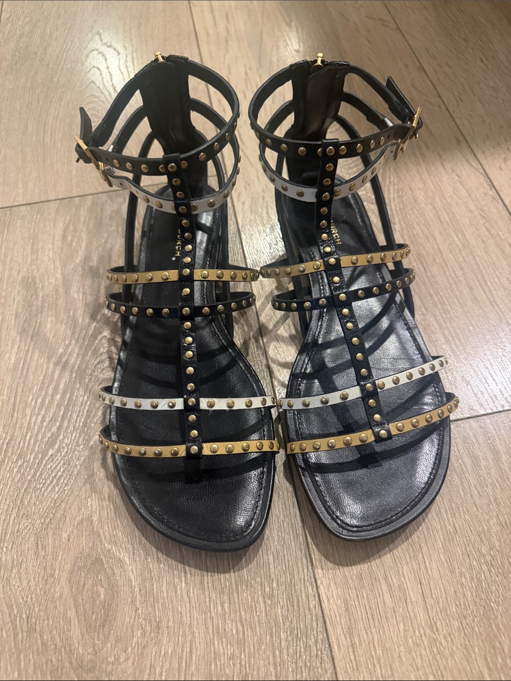 Tory Burch Studded Black and Gold Gladiator Sandals - Women 7.5